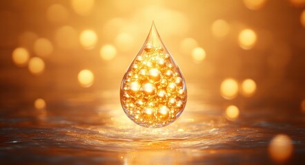 Glowing golden droplet filled with luminous spheres suspended above rippling water, warm bokeh lights evoking serenity and wonder