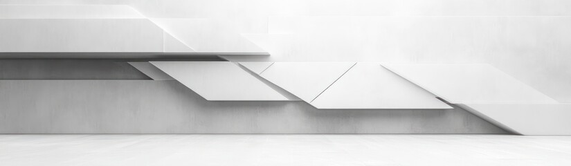 serene white minimalist interior with layered floating geometric panels casting soft shadows