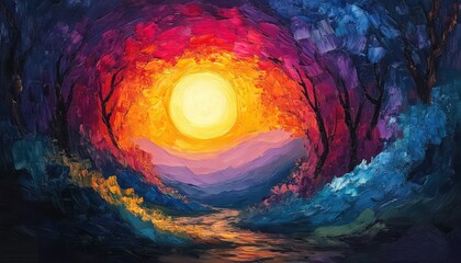 Glowing golden sun above distant mountains with a winding reflective river leading through a tunnel of arched trees and vibrant, dreamy colorful sky