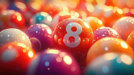 shiny colorful billiard balls clustered closely with a prominent red ball marked with a white eight, warm glowing light and a playful energetic mood