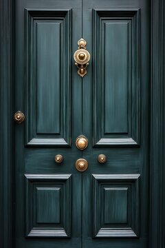 ornate teal double wooden door with polished brass knockers and round knobs, raised panels, decorative molding and a stately inviting elegance