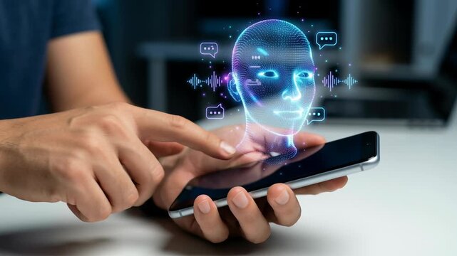 Smartphone hand uses smart ai technology with artificial intelligence, voice cloning, and personal recognition for hologram digital call scam and deepfake threat detection