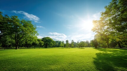 Obraz premium Green lawn with trees under blue sky and bright sun. Empty park space for recreation. Natural landscape outdoor background for summer.
