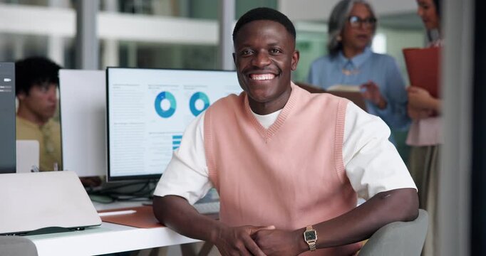Computer screen, data and face of man in office for break or review of charts and statistics. Business, graphs and smile of happy coworking employee at workplace desk for analysis of information