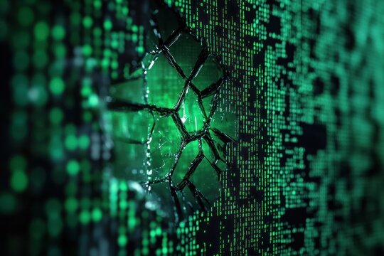 shattered glass with jagged hole and radiating cracks over glowing green streaming digital code, evoking a tense cyber breach and urgent security alarm