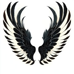 Obraz premium pair of symmetrical ornate black and white feathered wings spread open, elegant majestic and uplifted