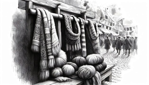 Engraved illustration of colorful winter scarves displayed at a fair booth, Colorful winter scarves at fair booth