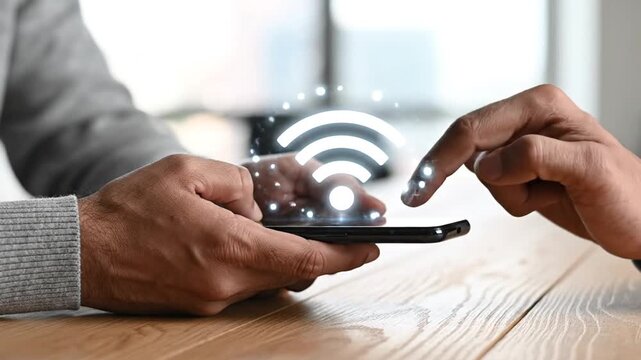 A person shares Wi-Fi credentials via smartphone with another individual at a wooden table indoors