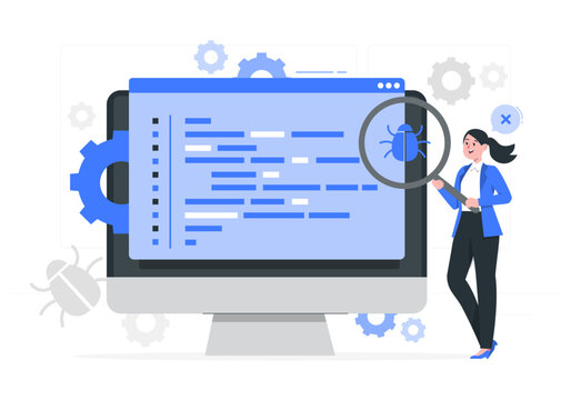 Software developer debugging code on computer screen with magnifying glass showing bug