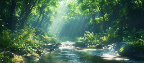 Sunlit forest stream with moss-covered rocks, tall trees and lush ferns, dappled sunbeams falling on calm reflective shallow water evoking peaceful serenity