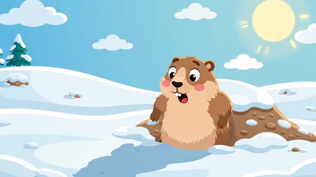 Groundhog emerging from burrow in snowy landscape under sun  