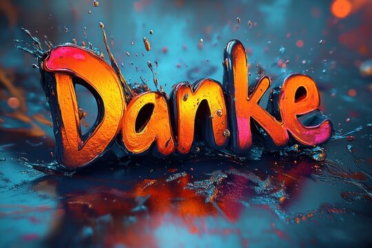 vibrant glossy 3d letters spelling danke with orange and pink liquid splashes on a reflective blue surface, energetic playful mood conveying gratitude