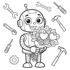 Coloring page: friendly robot holding flower bouquet with heart and tools &mdash; ideal for STEM empathy, kindness education and children&rsquo;s creativity.