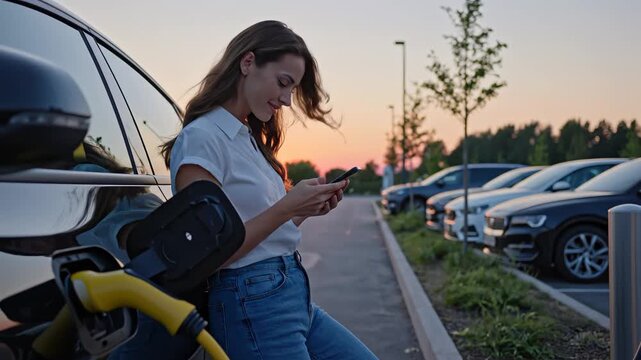 Woman charging electric car at sunset