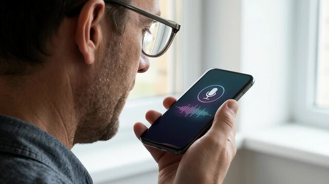 Man use Smartphone with ai technology for personal smart synthetic voice recognition and cloning to prevent deepfake scam threats in communication with advanced security features
