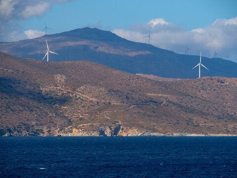 View of the southern part of the island Evia (Euboea) and Mount Ochi (Oxi) with windmills in the Aegean Sea in Greece