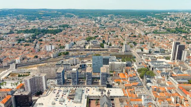 Nancy, France. Panorama of the central part of the city. Summer, Sunny day. Drone footage