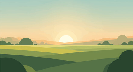 Obraz premium Gentle sunrise over rolling green fields and distant hazy hills