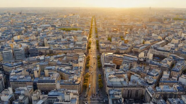 Eiffel Tower Aerial View, Paris Cityscape, Golden Hour Sunlight, Cinematic Stock Footage