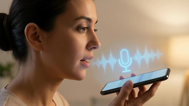 Woman use ai technology smartphone personal voice recognition synthetic cloning prevent call scam deepfake threats communication advanced security features