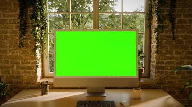 All-in-One Computer Screen Mockup Front Push In &ndash; Zoom into Full Screen, Chroma Key Green Display in Loft Office Interior. Tracking Clip Included For Easy Editing.