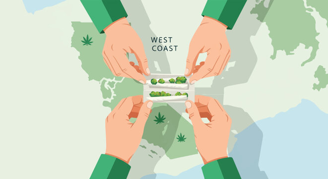 Four hands preparing cannabis joints over a map of the West Coast