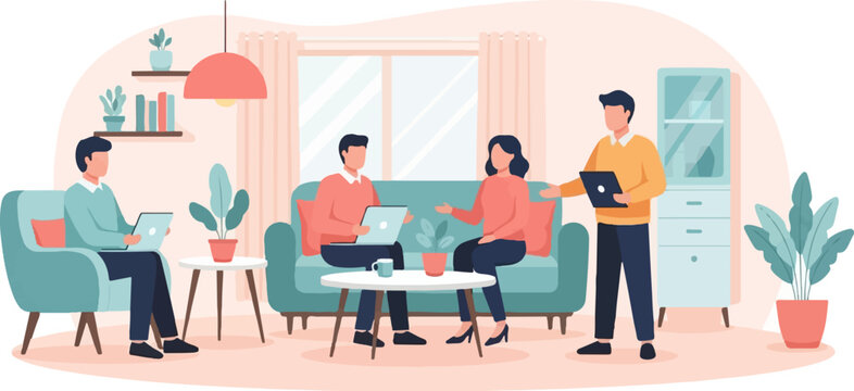 Four people in a room, working on laptops and talking