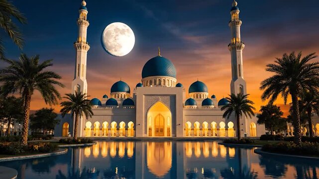 Mosque at dusk, reflecting in water, with palm trees and moon