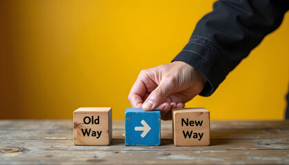 Old way to new way concept with hand placing arrow block, business change and direction strategy