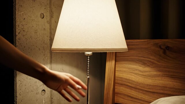 Hand reaching for lamp switch in bedroom
