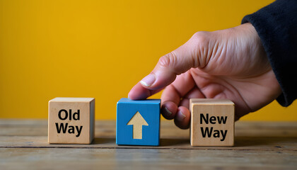 Old way to new way concept with hand placing arrow block, business change and direction strategy