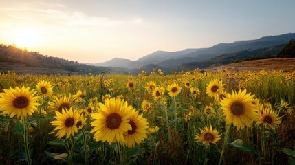 Vast field of bright yellow sunflowers at sunset. Beautiful summer landscape with mountain ranges in the background. Agriculture and nature concept. © backup_studio