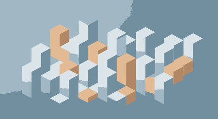 Fototapeta premium A collection of 3D geometric shapes in various orientations and colors arranged in a seemingly random pattern on a gray background from a slightly elevated viewpoint