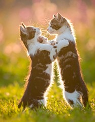 Two kittens playing in green grass with bokeh sunlight