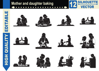 Silhouette set of a mother and daughter baking together, representing family bonding, home education, domestic kitchen activities, and cooking joy.