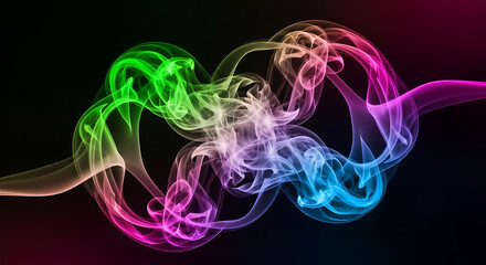 Multicolored smoke swirls against dark background with vibrant green pink and blue hues