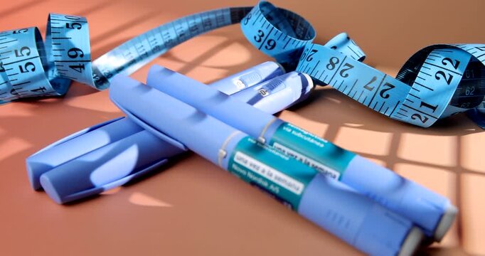 Reflective panning view of semaglutide pens and measuring tape for professional weight loss treatment and diabetes control visuals.
