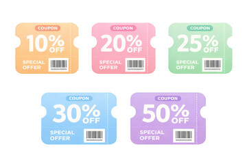 Pastel Gradient Discount Coupon Tickets Set 10 20 25 30 50 Percent Off Special Offer Vouchers