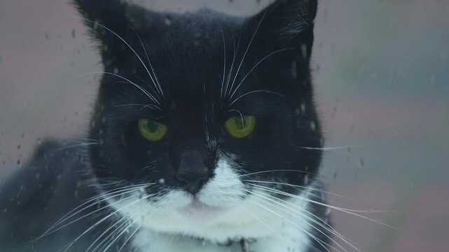 Lost wet freezing cat staying outside in rain looking toward window wanting home. Lost soaked cold feline remaining outdoors under rain watching indoors hoping for warmth. Missing wet shivering