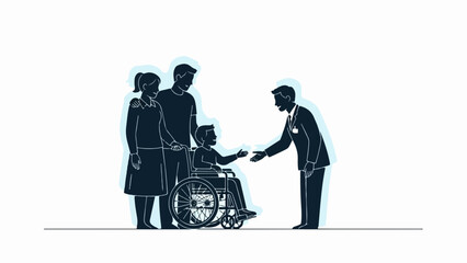 Stylized illustration shows child medical visit with young patient in wheelchair and family members. Doctor provides medical advice during child medical visit, offering support and care to patient.