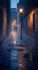 Obraz premium Dimly Lit Cobblestone Alleyway at Night.