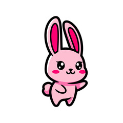Fototapeta premium Adorable Pink Bunny Character Waving Paw