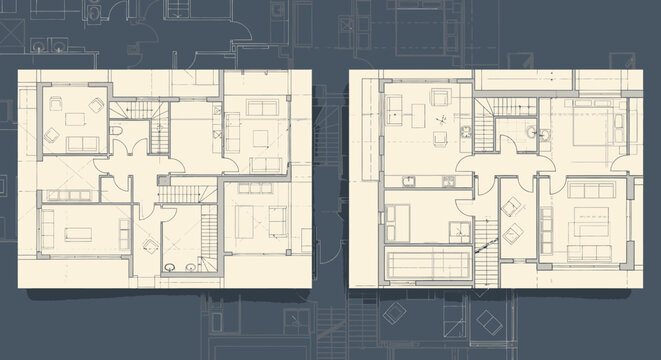 Architectural floor plans comparison side by side on a blueprint background illustrating design differences in building layouts and interior spaces from an overhead viewpoint
