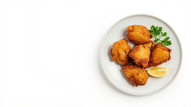 Pollo fritto croccante servito su piatto bianco con fetta di limone e prezzemolo fresco. Generative AI 