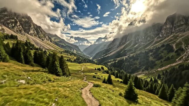 Mountain valley with forest and path