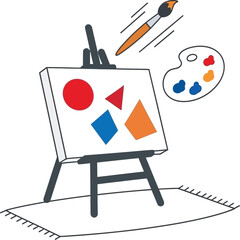 An easel displays a canvas with primary colored geometric shapes alongside a floating paintbrush and paint palette.