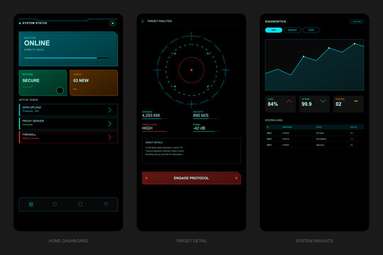 Three mobile user interface screens display a futuristic scifi dashboard with system status, target analysis, and diagnostic data in a dark theme with neon accents and technical graphics.
