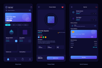 Three mobile app interface screens showing a dark themed online store with a home page, product details for a speaker, and a checkout page with payment options and order summary.