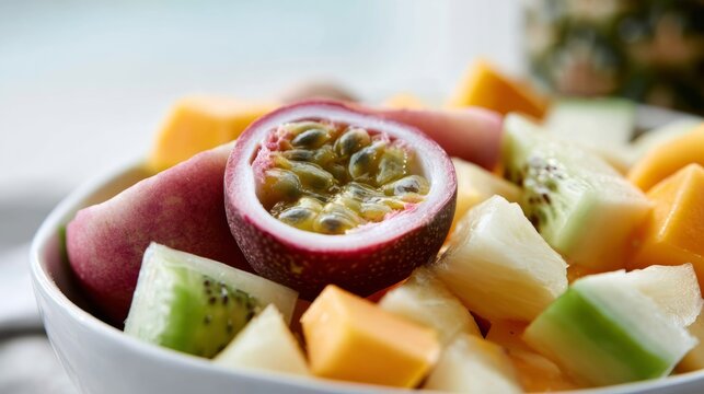 Fresh tropical fruit salad with vibrant passion fruit, kiwi, mango, and pineapple chunks in a bowl. Healthy and refreshing gourmet snack.