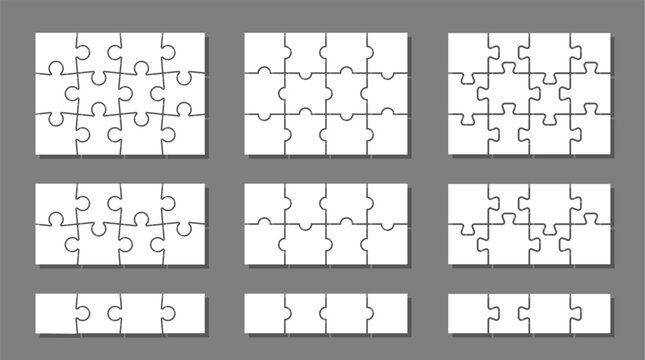 Jigsaw puzzle piece set in different sizes. Collection of templates with outline for game, infographic, educational design. Vector jigsaw picture texture collection. Kit of Puzzle grid business chains